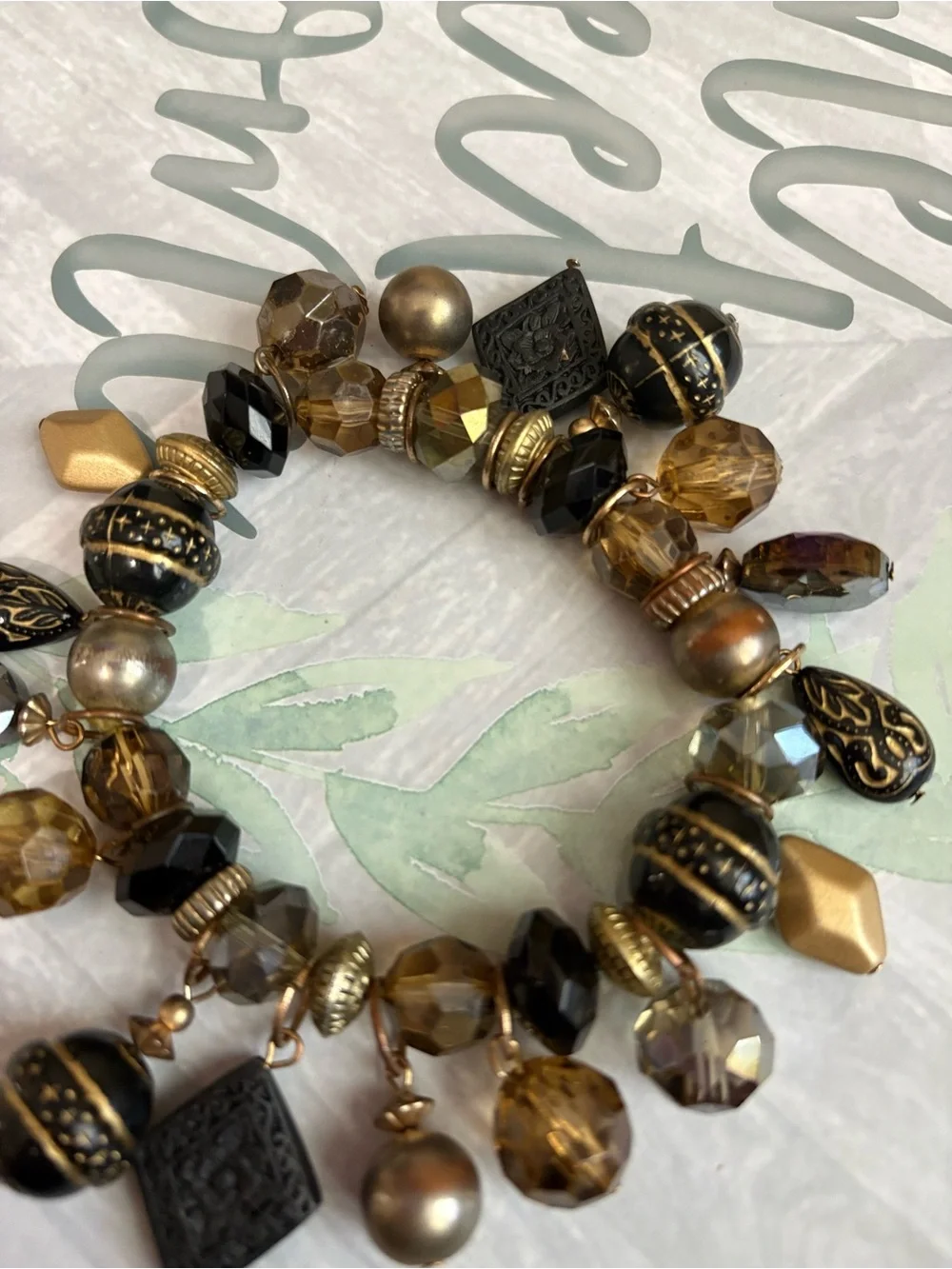 Vintage-Style Beaded Charm Bracelet Gold-Tone Faceted Beads Statement Jewelry
